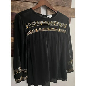 J Jill Women Blouse Gauze light Peasant Style Embroidery Boho Casual small black